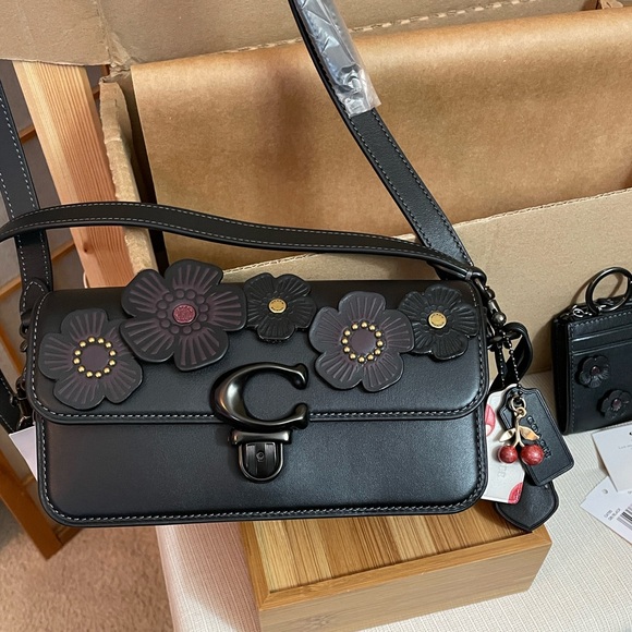 Coach Tea Rose Baguette Bag, Mini Cherry Charm & Skinny Id Floral Applique NWT - Picture 4 of 17